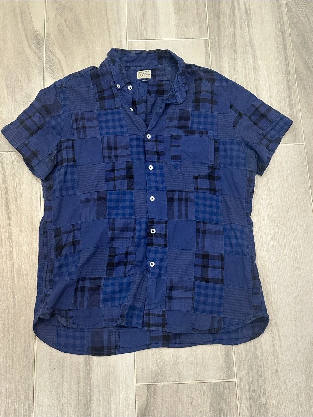 J.Crew Size Large Men's Blue Patchwork Madras Short Sleeve Button-Up Shirt